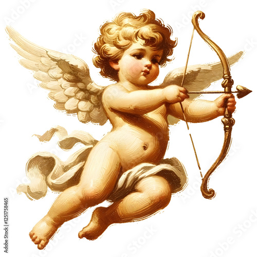 A classical-style cherub with golden curls, holding a bow and arrow, symbolizing love, romance, and divine innocence.