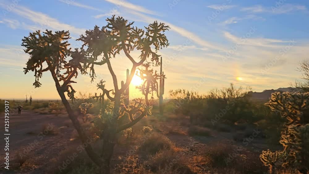 Arizona desert at sunset. Panning motion with sun shinning through cacti. Arizona desert at sunset. Panning motion with sun shinning through cacti.