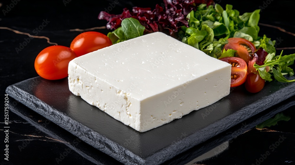A block of feta cheese is presented with tomatoes and salad on a black slate board against a dark marble background. A block of feta cheese is presented with tomatoes and salad on a black slate board against a dark marble background.
