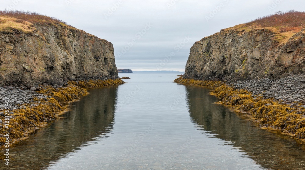 Fototapeta premium Tranquil scene of waterway between rocky cliffs coastal area nature photography overcast conditions serene viewpoint peaceful concept for nature lovers