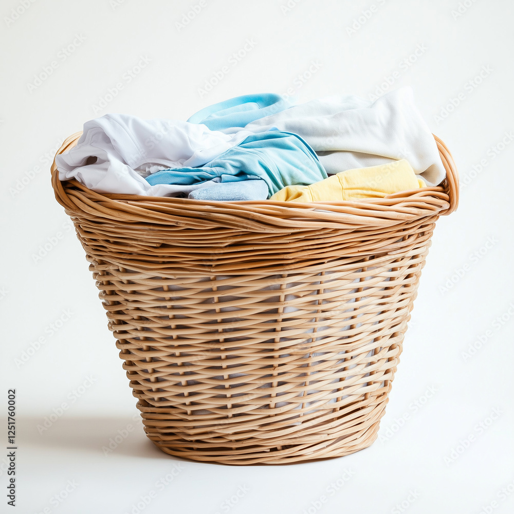 Obraz premium Wicker laundry basket filled with neatly folded colorful clothes.