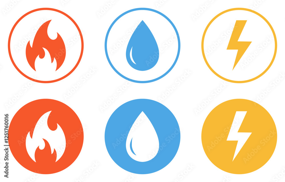Gas, water and electricity vector icon collection. Public utility service sign symbol. Electricity, water and gas vector set. Thunderbolt or lightning, drop water, and fire sign. Vector illustration. Gas, water and electricity vector icon collection. Public utility service sign symbol. Electricity, water and gas vector set. Thunderbolt or lightning, drop water, and fire sign. Vector illustration.