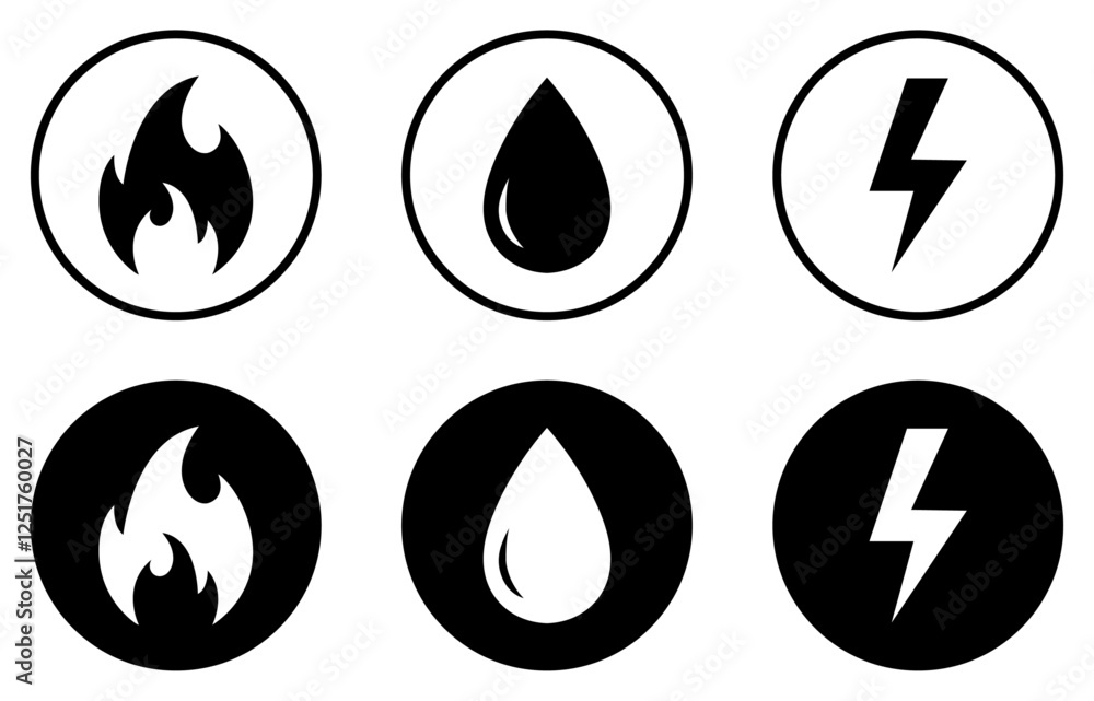 Gas, water and electricity icon collection. Public utility service symbol. Electricity, water and gas vector set. Thunderbolt of lightning, drop water, and fire sign. Silhouette and outline style. Gas, water and electricity icon collection. Public utility service symbol. Electricity, water and gas vector set. Thunderbolt of lightning, drop water, and fire sign. Silhouette and outline style.