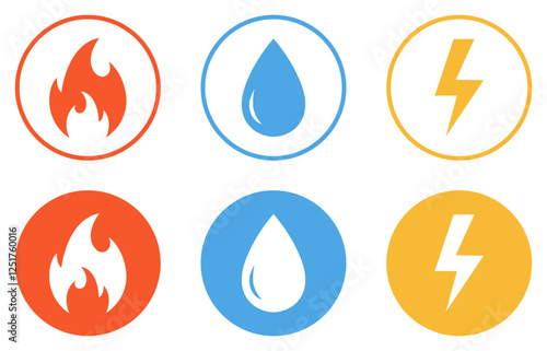 Gas, water and electricity vector icon collection. Public utility service sign symbol. Electricity, water and gas vector set. Thunderbolt or lightning, drop water, and fire sign. Vector illustration.