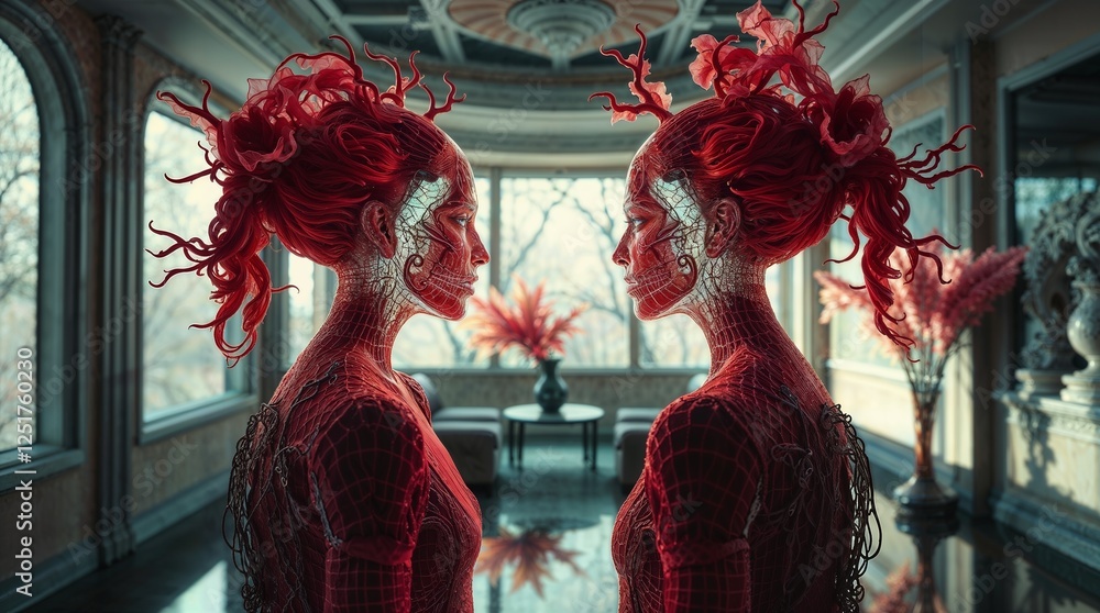 Obraz premium Two Figures with Ornate Red Designs Facing Each Other in Elegant Setting