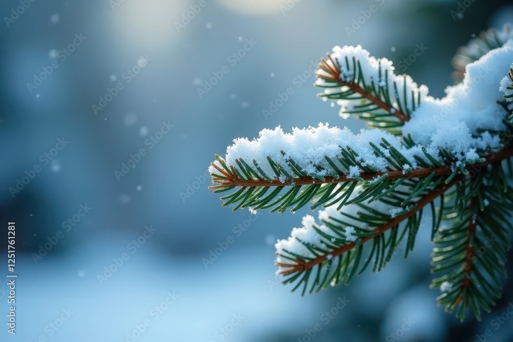 Snowy fir branches, delicate snowflakes on frosted needles, snow, winter wonderland Snowy fir branches, delicate snowflakes on frosted needles, snow, winter wonderland