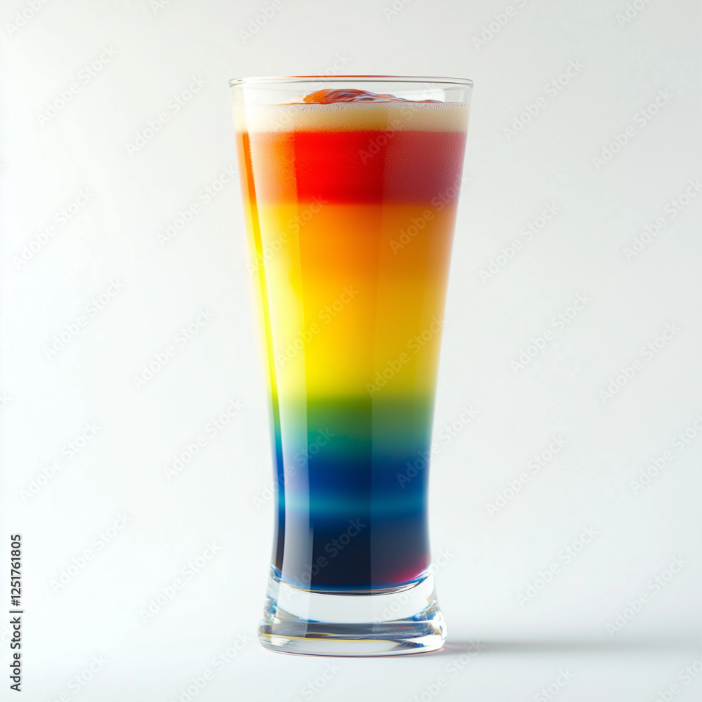 Layered rainbow cocktail in a tall glass on white background. Layered rainbow cocktail in a tall glass on white background.