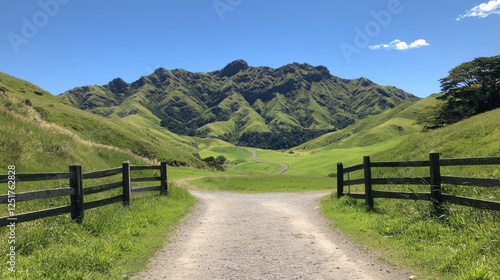 Scenic mountain landscape rural pathway nature photography lush green environment wide angle view tranquility and adventure