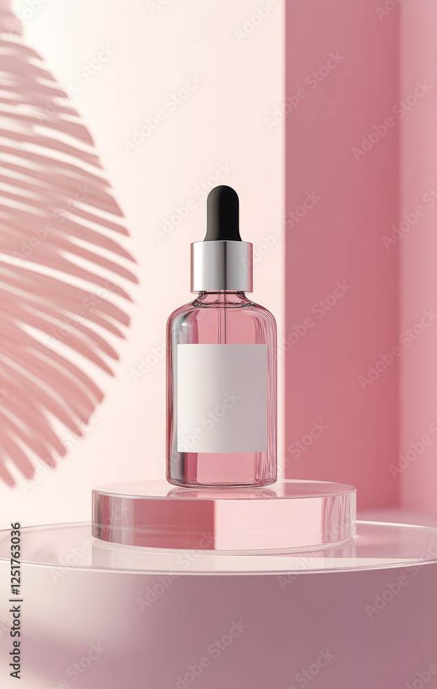 Facial Serum Bottle with Leaf Shadows on Pink Background Facial Serum Bottle with Leaf Shadows on Pink Background