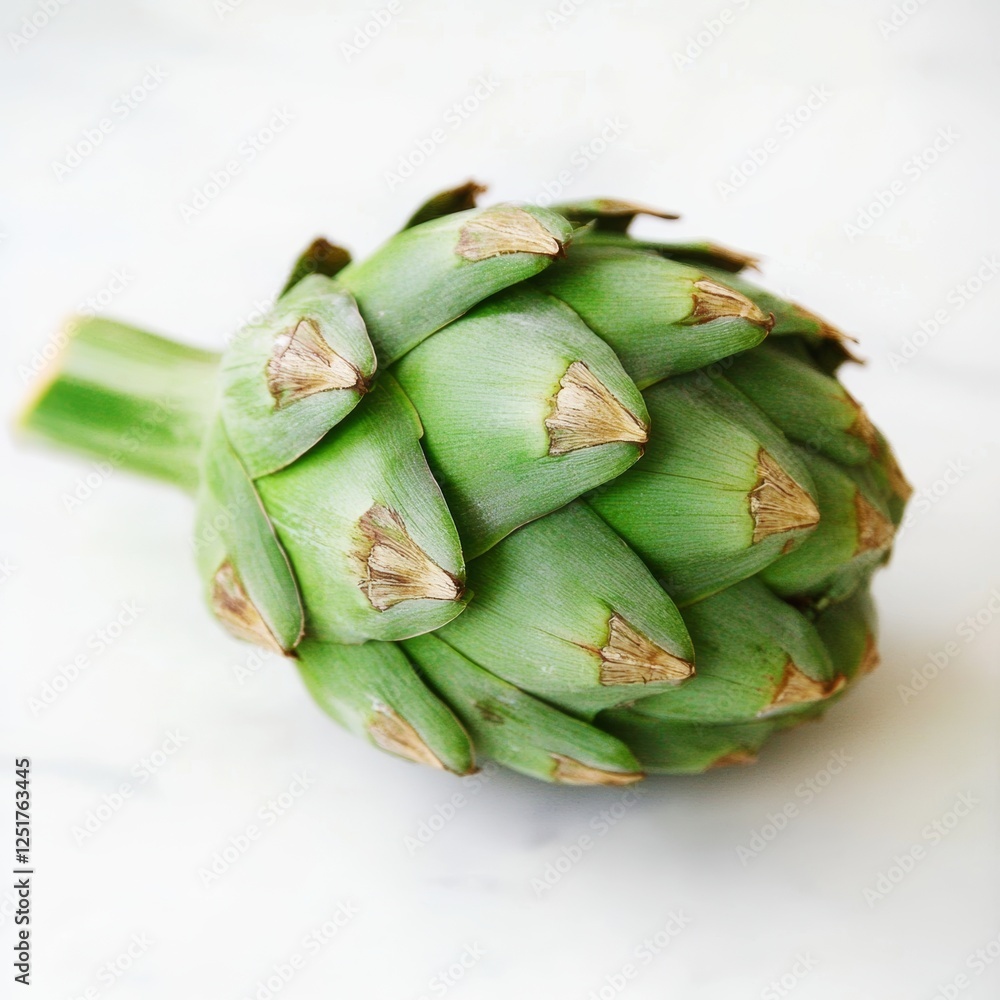 Obraz premium Freshly harvested artichoke on a light background showcases its unique texture and vibrant color