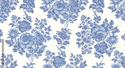 intricate decorative floral wallpaper with classic blue and white ornamental flower motifs
