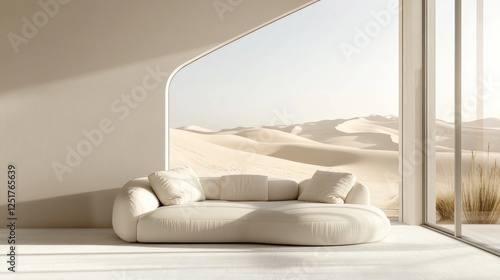 Minimalist Living Room with Curved White Sofa Overlooking Serene Desert Dunes Landscape Viewpoint Relaxation Area Interior Design Architecture Design