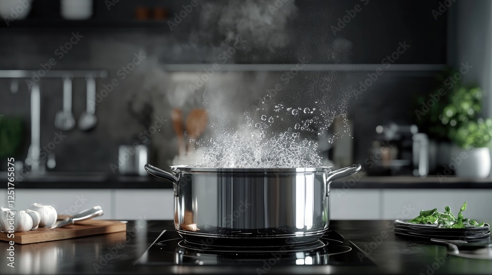 A high-angle view of a stainless steel pot with water coming to a vigorous boil, showing the intense bubbles and steam against a modern kitchen background. A high-angle view of a stainless steel pot with water coming to a vigorous boil, showing the intense bubbles and steam against a modern kitchen background.