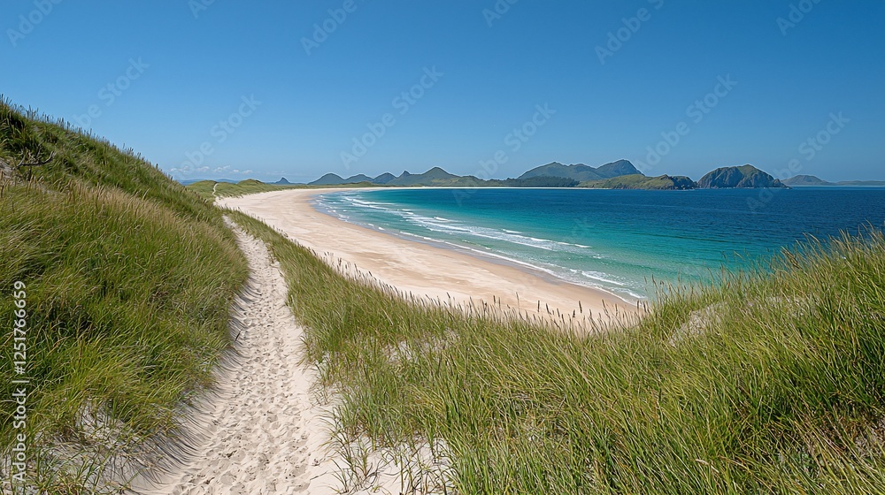Sandy path to secluded beach; turquoise water; sunny day; island background; travel Sandy path to secluded beach; turquoise water; sunny day; island background; travel