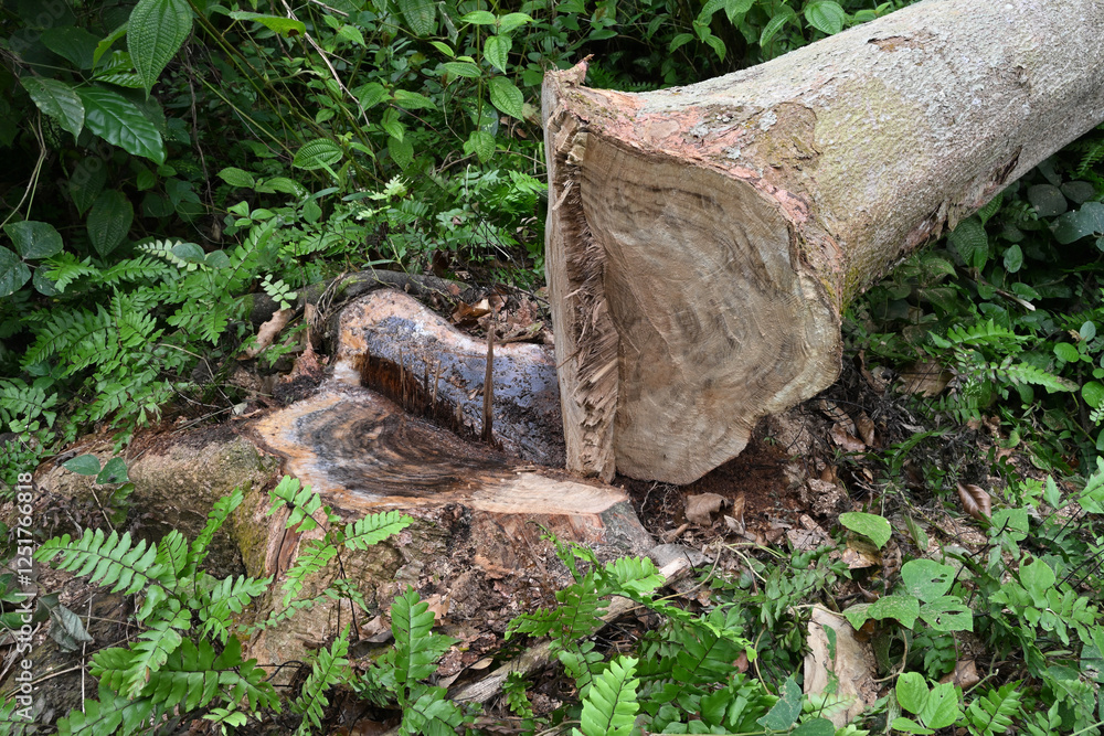 An angled view of a recently cut down Nedun tree stump and its fallen trunk nearby An angled view of a recently cut down Nedun tree stump and its fallen trunk nearby