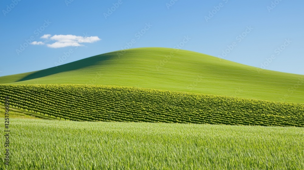 Obraz premium Vibrant green hills rolling landscape rural countryside nature photography sunny day panoramic view serenity and tranquility