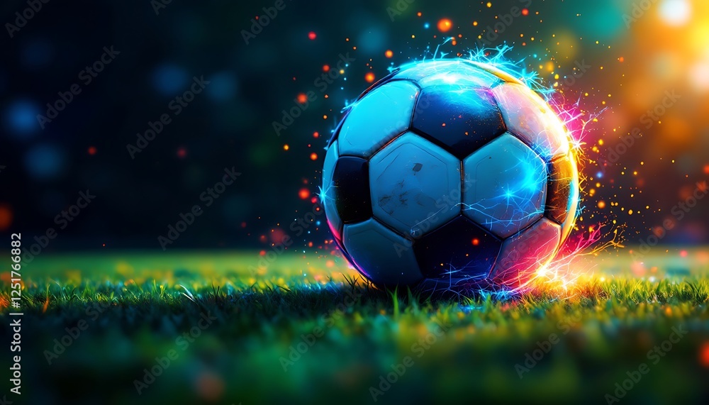 Fototapeta premium Soccer Ball with Electrifying Effect on Field Representing Power and Energy