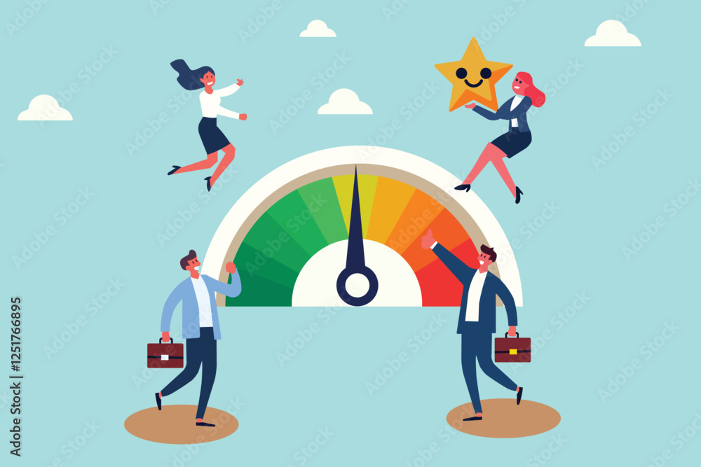 Business team illustration highlighting employee motivation, productivity, and engagement using a satisfaction meter, stars, and smiley symbols. Business team illustration highlighting employee motivation, productivity, and engagement using a satisfaction meter, stars, and smiley symbols.
