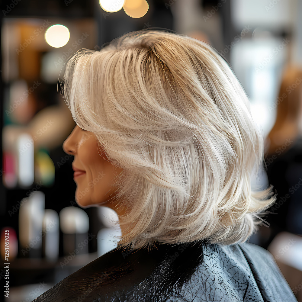Stylish woman with light blonde hair at a salon during a hair appointment. Generative AI Stylish woman with light blonde hair at a salon during a hair appointment. Generative AI