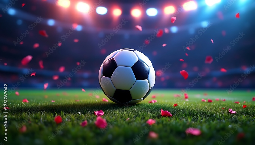 Fototapeta premium Soccer Ball on Stadium Field with Rose Petals Falling Celebration