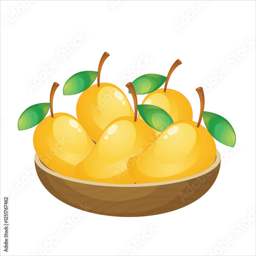 5 yellow mangoes in the brown color basket or tray.eps
