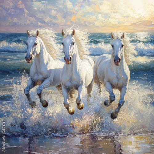 White horses with flowing manes gallop along the shimmering shoreline, their powerful forms contrasting against the vibrant sea.
