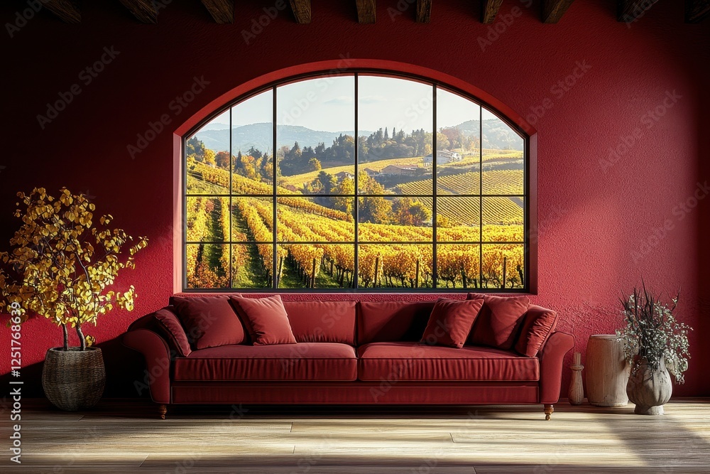 Fototapeta premium Elegant Burgundy Sofa In A Cozy Living Room Overlooking A Lush Vineyard Landscape With Golden Autumn Leaves And Trees View Of The Window View And