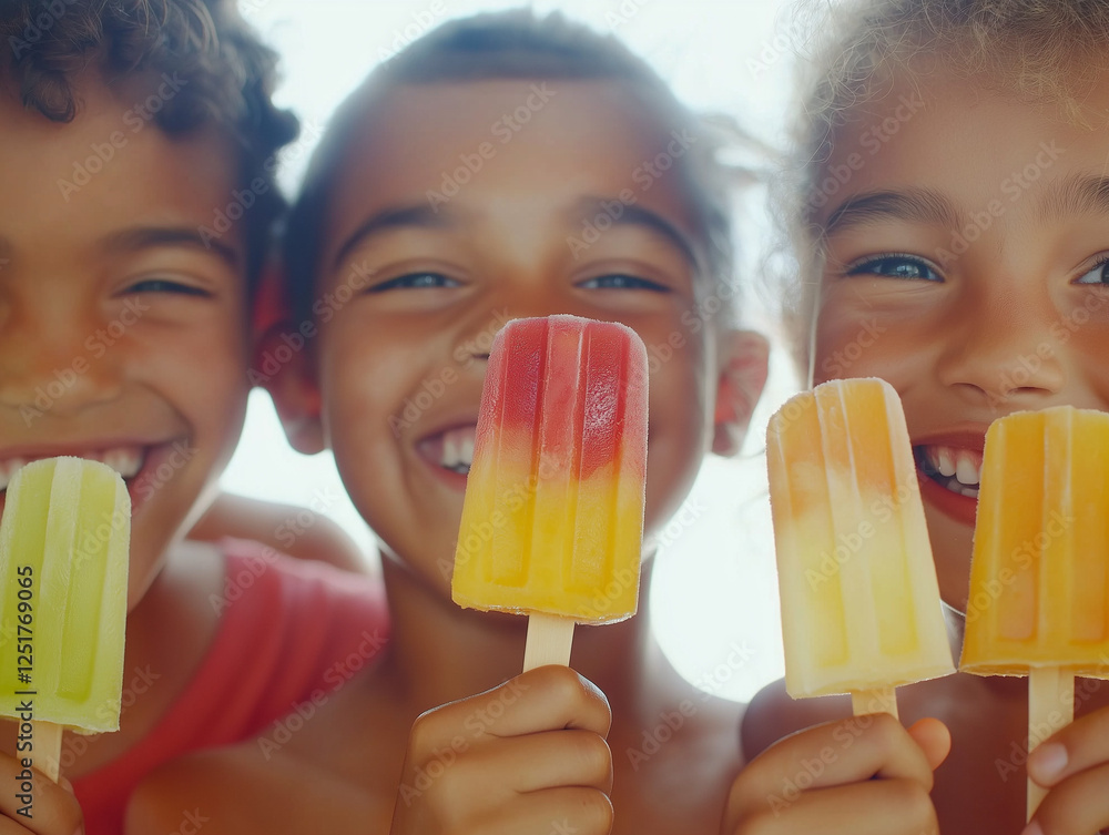 Happy children enjoying colorful popsicles on a sunny day. Happy children enjoying colorful popsicles on a sunny day.