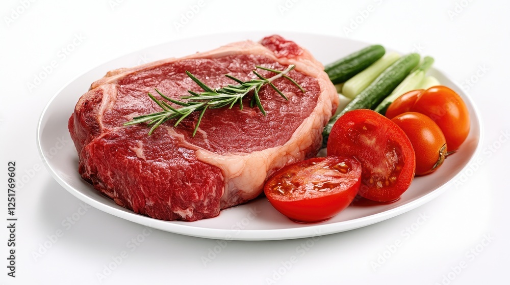 A perfectly cooked steak served on a pristine white plate, with a side of fresh vegetables and a sprig of rosemary, set against a clean, white background. A perfectly cooked steak served on a pristine white plate, with a side of fresh vegetables and a sprig of rosemary, set against a clean, white background.