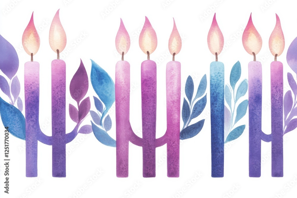 Colorful candles with flames and leaves create serene atmosphere Colorful candles with flames and leaves create serene atmosphere