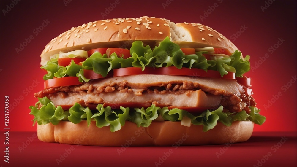 Fresh and Tasty Pork Burger Sandwich on Red Background. Delicious Pork Burger. Generative AI Fresh and Tasty Pork Burger Sandwich on Red Background. Delicious Pork Burger. Generative AI