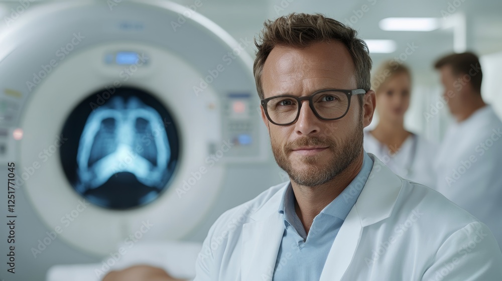 Doctor holding x-ray images with a CT machine in a modern radiology department setting Doctor holding x-ray images with a CT machine in a modern radiology department setting