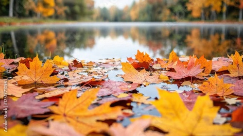 Autumn leaves floating on calm lake nature scene tranquil environment overhead view seasonal beauty