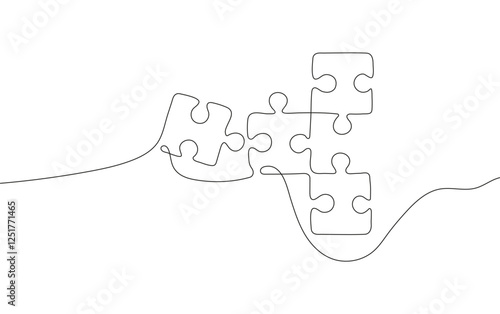 puzzle icon in a continuous one-line drawing style. A minimalist and abstract concept representing problem-solving, teamwork,