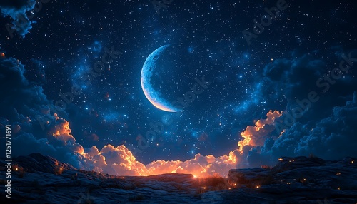 Crescent moon glowing through a scattering fluffy clouds in a starry midnight sky