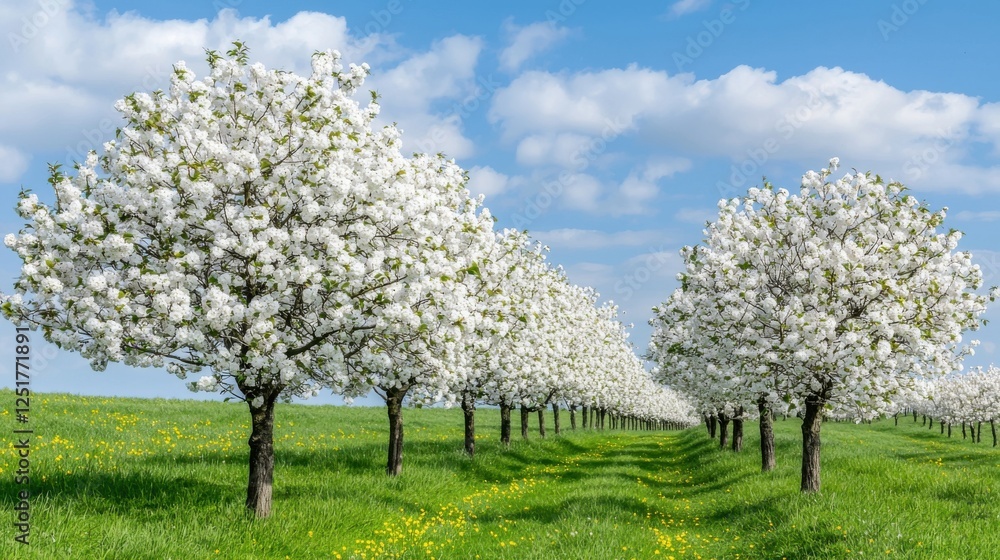 Blossoming cherry trees in spring serene countryside landscape nature photography lush green fields clear blue skies tranquil viewpoint seasonal beauty Blossoming cherry trees in spring serene countryside landscape nature photography lush green fields clear blue skies tranquil viewpoint seasonal beauty