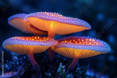 This enchanting image showcases luminous mushrooms in a vibrant forest, radiating a magical glow that captivates the viewer with its surreal beauty and ethereal atmosphere. photo