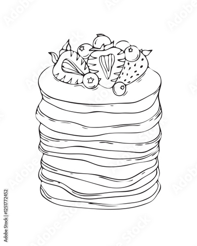 Stack of pancakes with berries. Hand drawn vector illustration. Doodle style