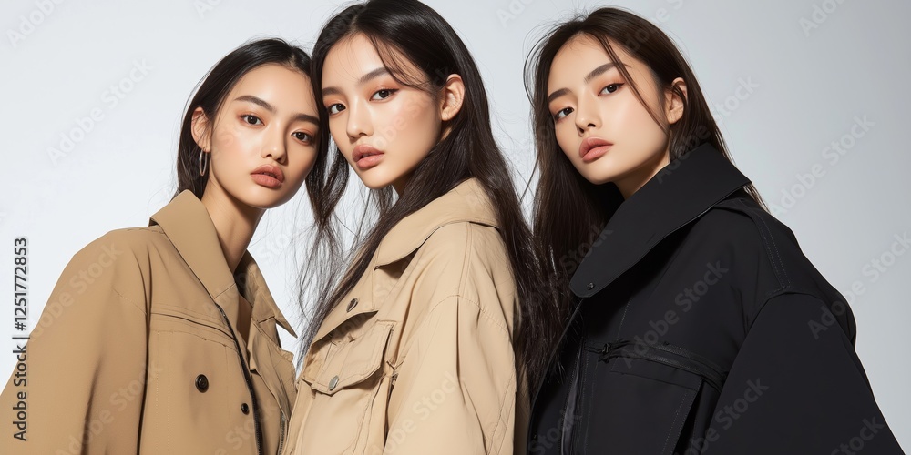 Three women are posing for a photo wearing black and tan coats. The photo is a fashion advertisement for a clothing line Three women are posing for a photo wearing black and tan coats. The photo is a fashion advertisement for a clothing line