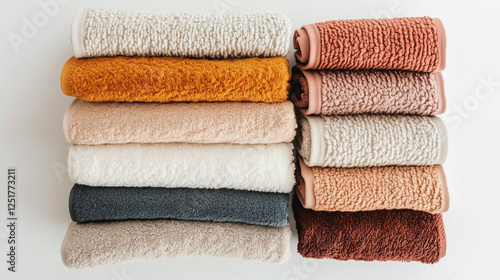 Stacked towels in warm neutral tones on a white background.