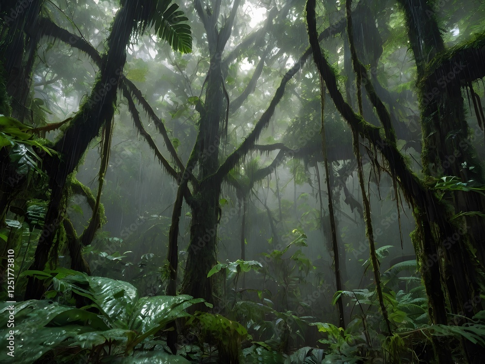 Obraz premium Lush Rainforest Foggy Jungle Tropical Trees Mossy Branches Rain