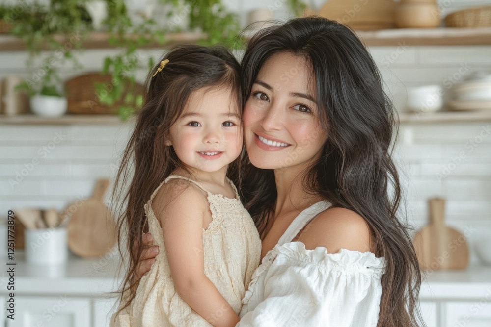 A china woman smiles as she holds her cheerful daughter in a beautifully decorated kitchen filled with natural elements and warm colors A china woman smiles as she holds her cheerful daughter in a beautifully decorated kitchen filled with natural elements and warm colors