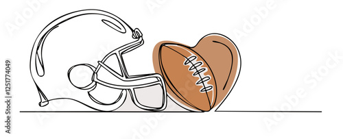 Continuous line heart with football ball and player helmet - . sport - decoration in a simple linear style, vector graphic illustration, greeting card, sublimation, embroidery,	 photo