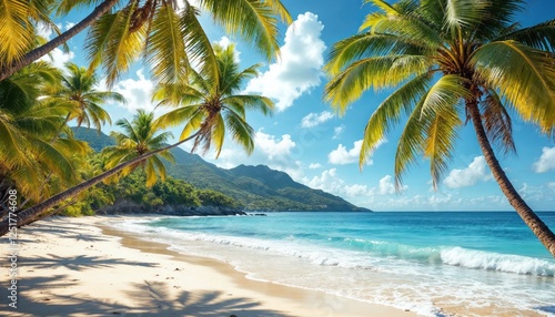 Idyllic Tropical Beach Paradise with Palm Trees and Turquoise Water