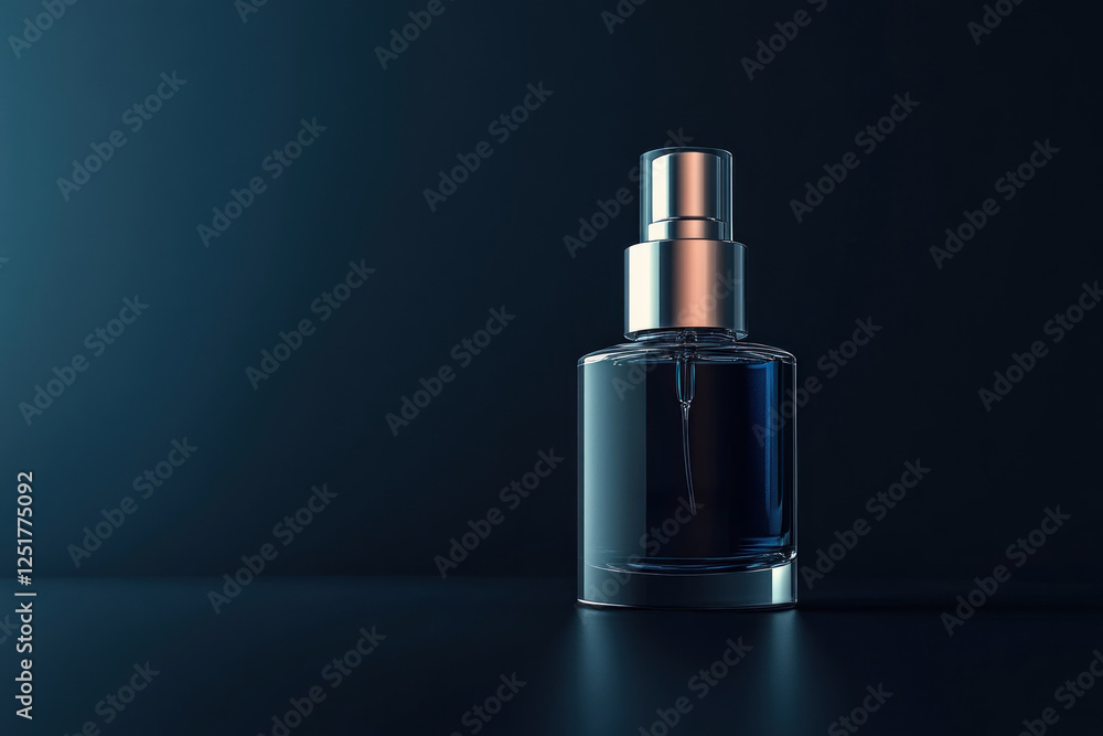 A sleek glass perfume container stands alone on a dark surface, captured in subtle blue tones to enhance its modern allure A sleek glass perfume container stands alone on a dark surface, captured in subtle blue tones to enhance its modern allure