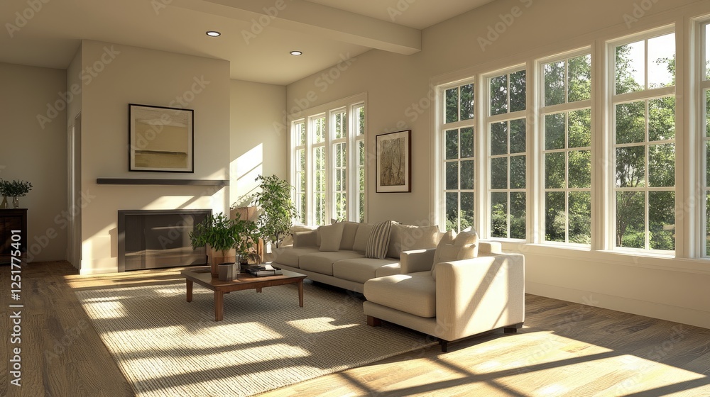 Fototapeta premium A serene minimalist house featuring an open floor plan with large windows that invite natural light, a neutral color palette, and simple yet elegant furniture for a calm and airy atmosphere.