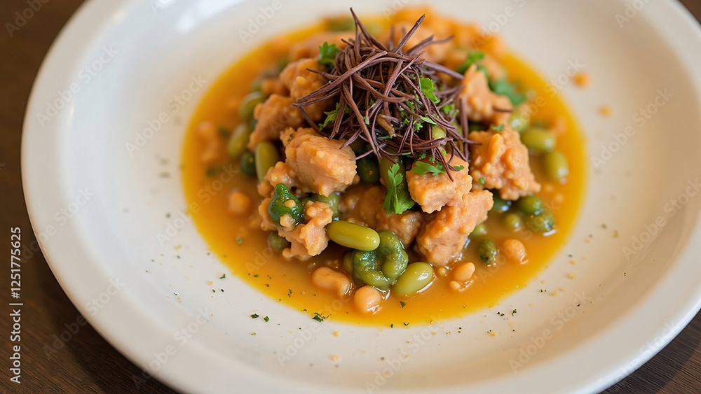 Delicious Creamy Soy Meat and Bean Stew on a White Plate Delicious Creamy Soy Meat and Bean Stew on a White Plate