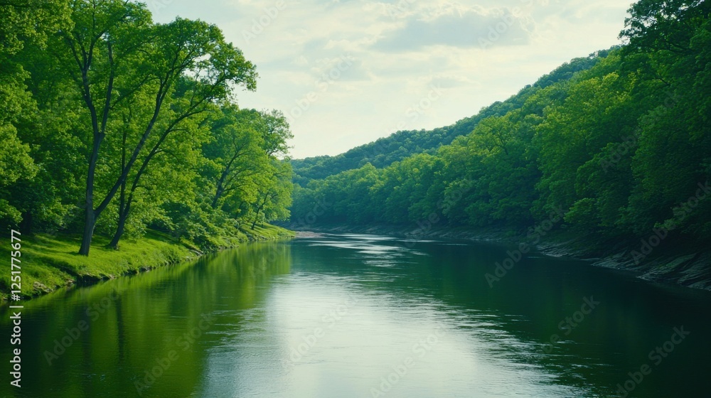 Calm river flowing through lush green forest nature scene tranquil environment scenic viewpoint serenity concept Calm river flowing through lush green forest nature scene tranquil environment scenic viewpoint serenity concept
