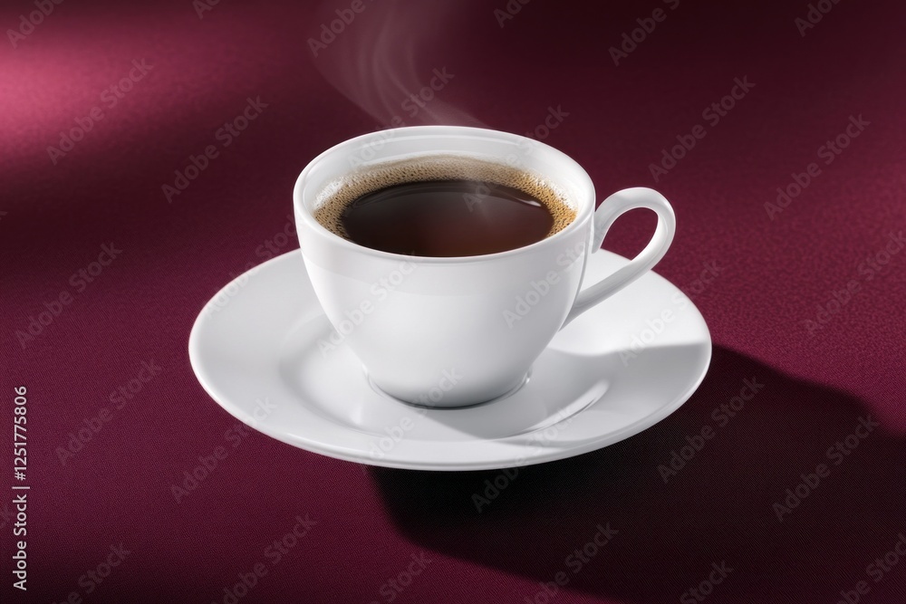 A fresh brew of coffee sits in a white cup, releasing steam into the air, set against a rich burgundy backdrop, evoking feelings of relaxation A fresh brew of coffee sits in a white cup, releasing steam into the air, set against a rich burgundy backdrop, evoking feelings of relaxation