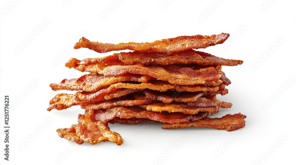 A stack of golden-brown bacon strips piled high on a white background, with a few crispy pieces leaning against the stack, showcasing the irresistible allure of freshly cooked bacon. A stack of golden-brown bacon strips piled high on a white background, with a few crispy pieces leaning against the stack, showcasing the irresistible allure of freshly cooked bacon.